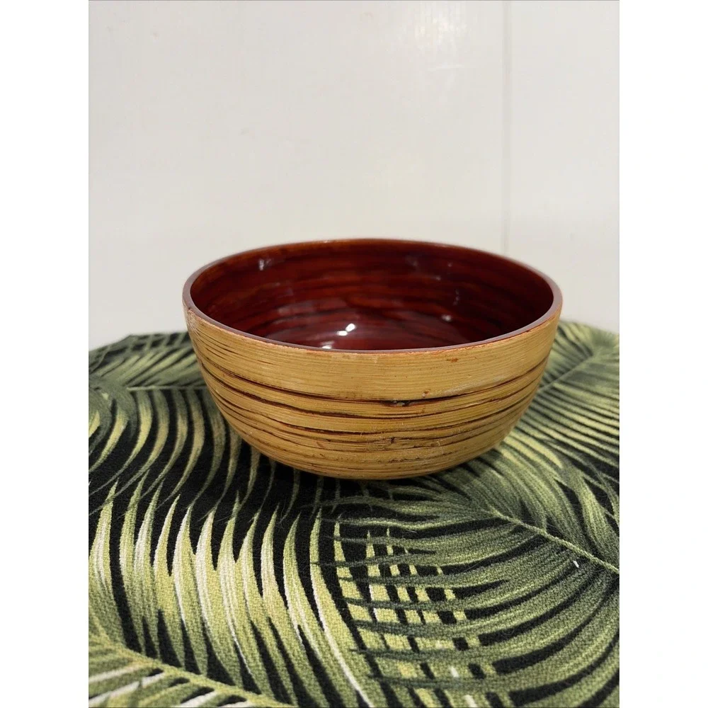 VTG Spun Bamboo Bowl Red Lacquer Centerpiece Gabriella Crespi Style Boho 6.5